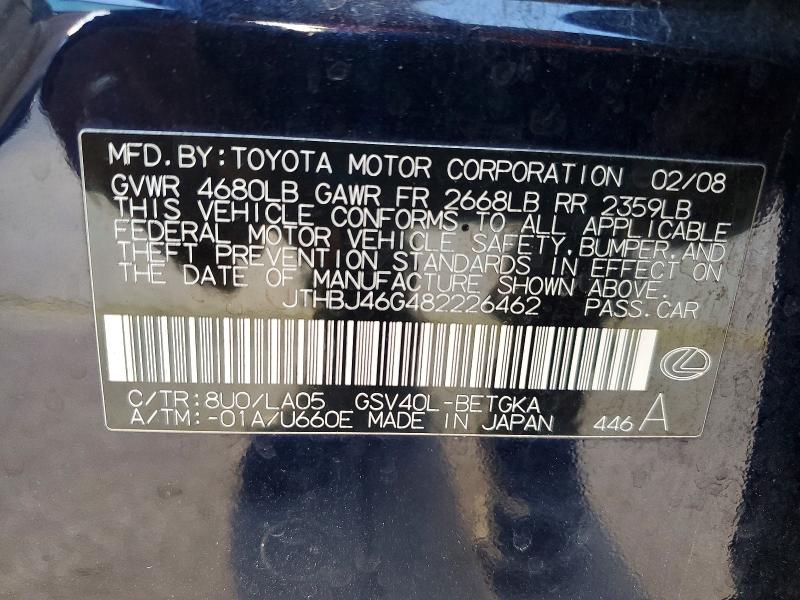 77603995 :رقم المزاد ، JTHBJ46G482226462 vin ، 2008 Lexus Es مزاد بيع
