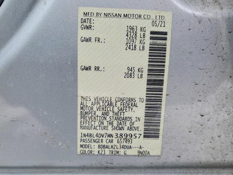 Продаж на аукціоні авто 2021 Niss Altima, vin: 1N4BL4DV7MN389957, номер лоту: 45511546