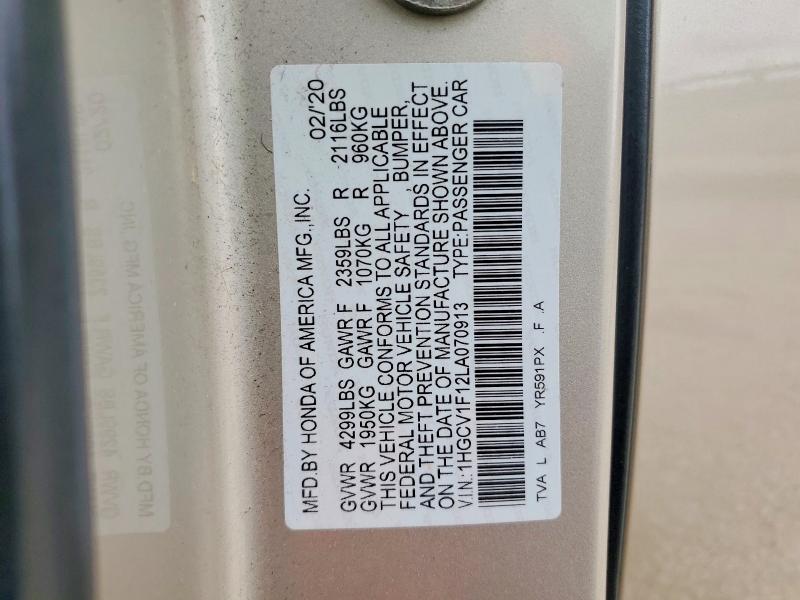 Продаж на аукціоні авто 2020 Honda Accord, vin: 1HGCV1F12LA070913, номер лоту: 79195515