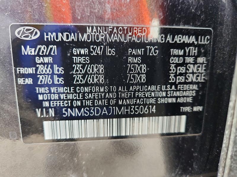 77311115 :رقم المزاد ، 5NMS3DAJ1MH350614 vin ، 2021 Hyundai Santa Fe مزاد بيع