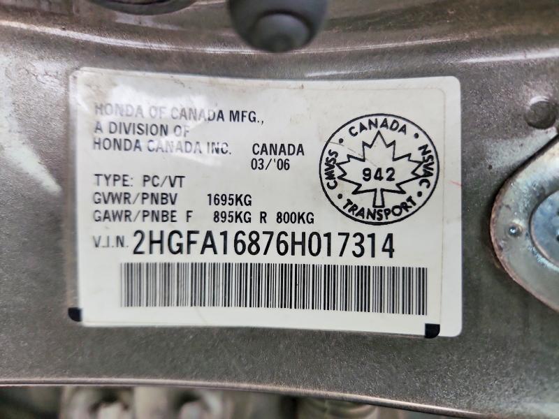 Продаж на аукціоні авто 2006 Honda Civic, vin: 2HGFA16876H017314, номер лоту: 76269025