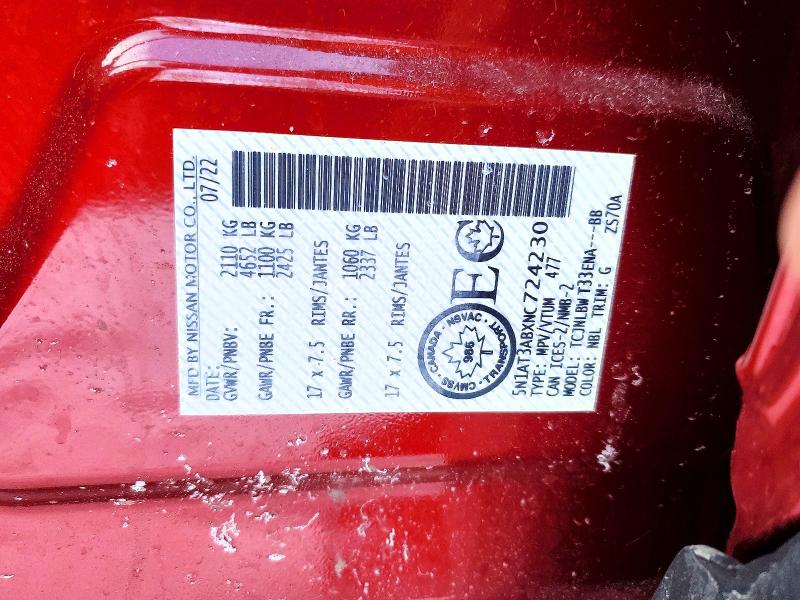 77743075 :رقم المزاد ، 5N1AT3ABXNC724230 vin ، 2022 Nissan Rogue مزاد بيع