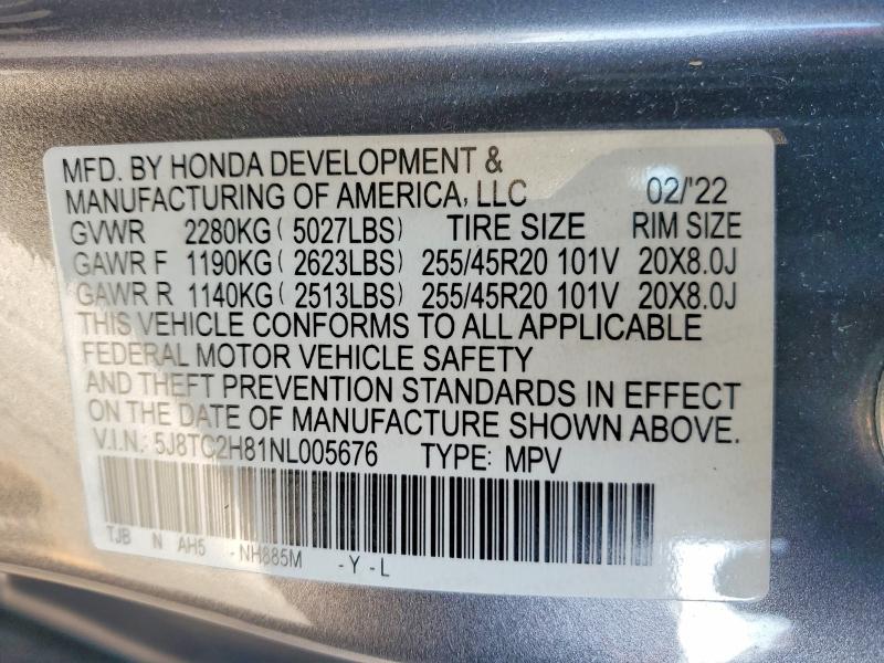 77460365 :رقم المزاد ، 5J8TC2H81NL005676 vin ، 2022 Acura Rdx مزاد بيع