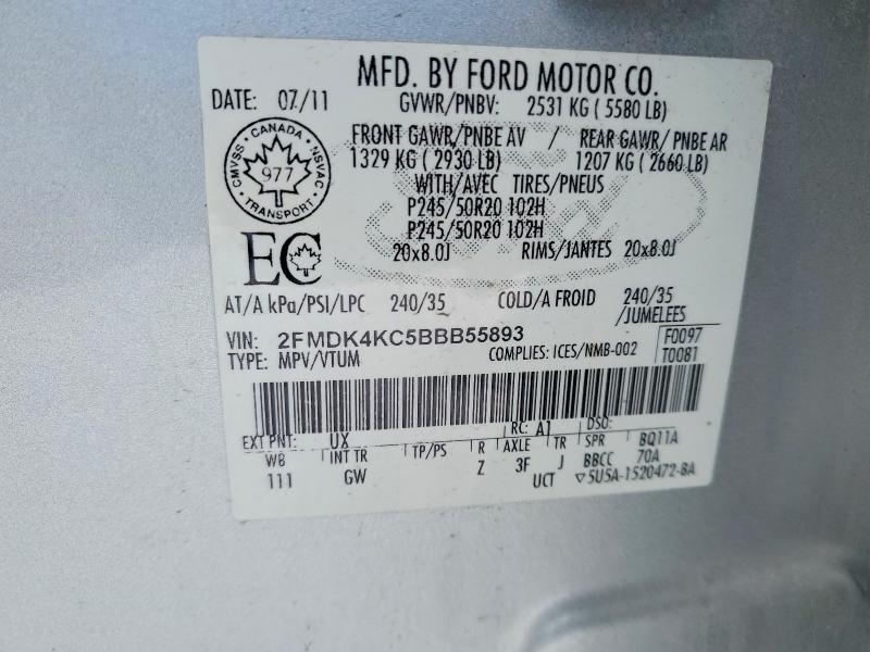 76711645 :رقم المزاد ، 2FMDK4KC5BBB55893 vin ، 2011 Ford Edge مزاد بيع