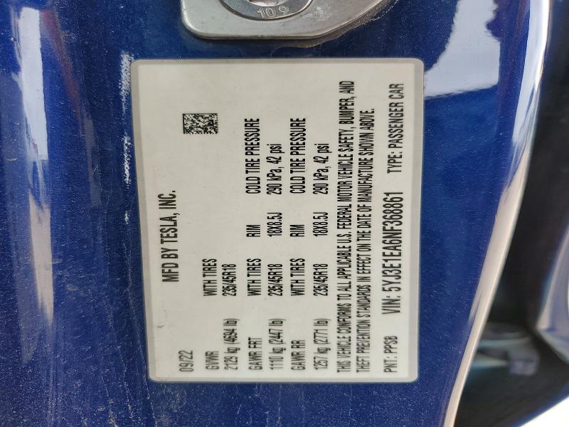 77601835 :رقم المزاد ، 5YJ3E1EA6NF368861 vin ، 2022 Tesla Model 3 مزاد بيع