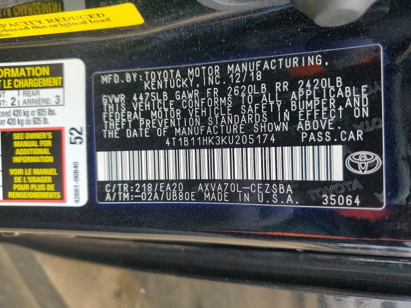 78985395 :رقم المزاد ، 4T1B11HK3KU205174 vin ، 2019 Toyota Camry مزاد بيع