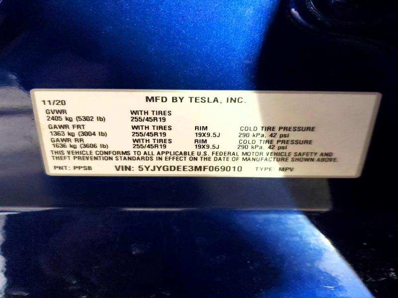 Aukcja sprzedaży 2021 Tesla Model Y, vin: 5YJYGDEE3MF069010, numer aukcji: 78223845