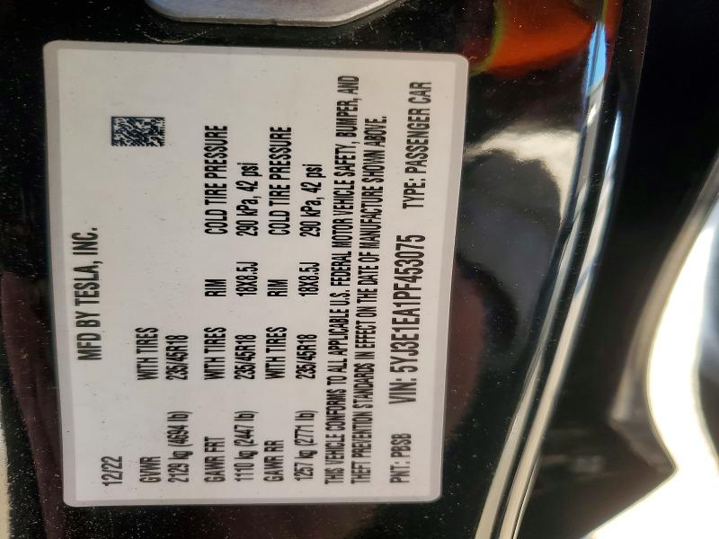 Продажа на аукционе авто 2023 Tesla Model 3, vin: 5YJ3E1EA1PF453075, номер лота: 75049395