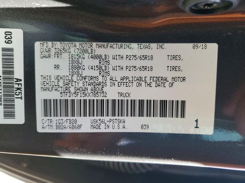 76331325 :رقم المزاد ، 5TFDY5F15KX785732 vin ، 2019 Toyota Tundra مزاد بيع