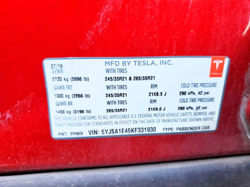 77345005 :رقم المزاد ، 5YJSA1E45KF331930 vin ، 2019 Tesla Model S مزاد بيع