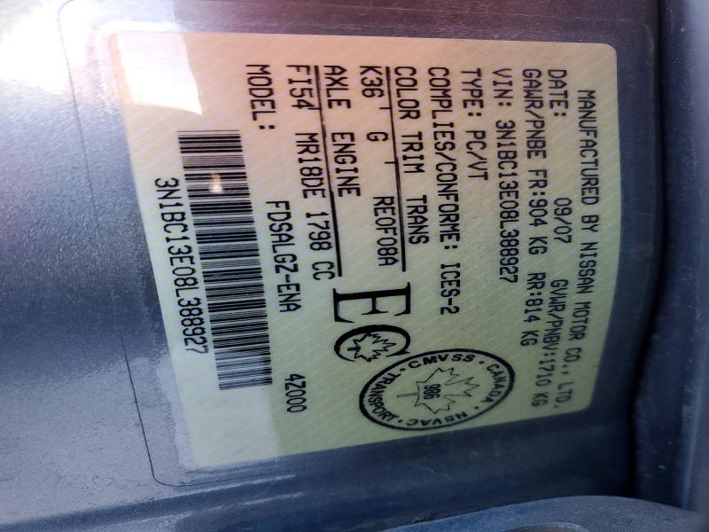 2008 Nissan Versa მანქანა იყიდება აუქციონზე, vin: 3N1BC13E08L388927, აუქციონის ნომერი: 75889595