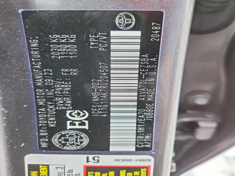 2024 Toyota Camry მანქანა იყიდება აუქციონზე, vin: 4T1G11AK7RU204507, აუქციონის ნომერი: 72766445