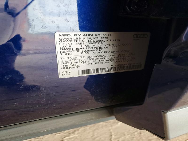 77390495 :رقم المزاد ، WA1DECF33N1131537 vin ، 2022 Audi Q3 مزاد بيع
