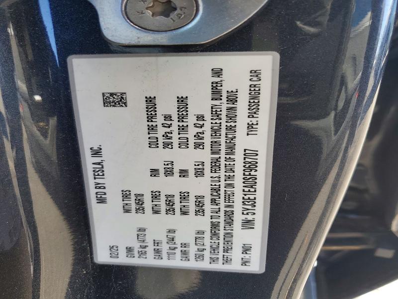 2025 Tesla Model 3 მანქანა იყიდება აუქციონზე, vin: 5YJ3E1EA0SF968707, აუქციონის ნომერი: 77614785