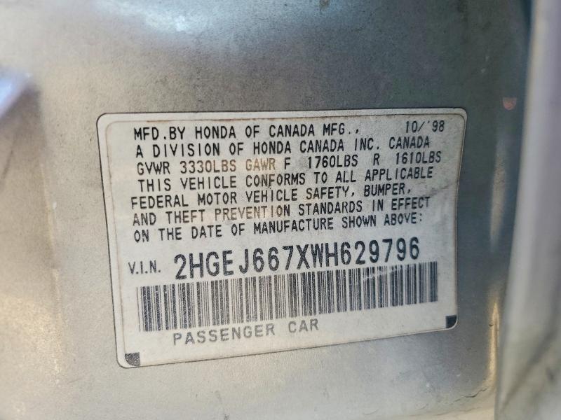 76352755 :رقم المزاد ، 2HGEJ667XWH629796 vin ، 1998 Honda Civic مزاد بيع