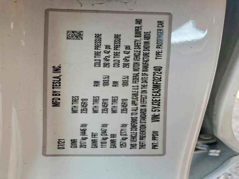 2021 Tesla Model 3 მანქანა იყიდება აუქციონზე, vin: 5YJ3E1EA3MF027240, აუქციონის ნომერი: 78904335