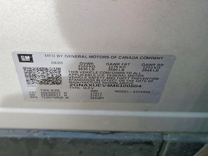 Aukcja sprzedaży 2021 Chevrolet Equinox, vin: 2GNAXUEV4M6100604, numer aukcji: 78927475