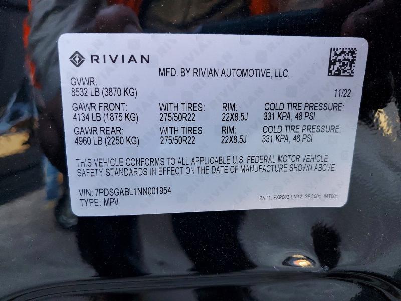 76036285 :رقم المزاد ، 7PDSGABL1NN001954 vin ، 2022 Rivian R1s مزاد بيع