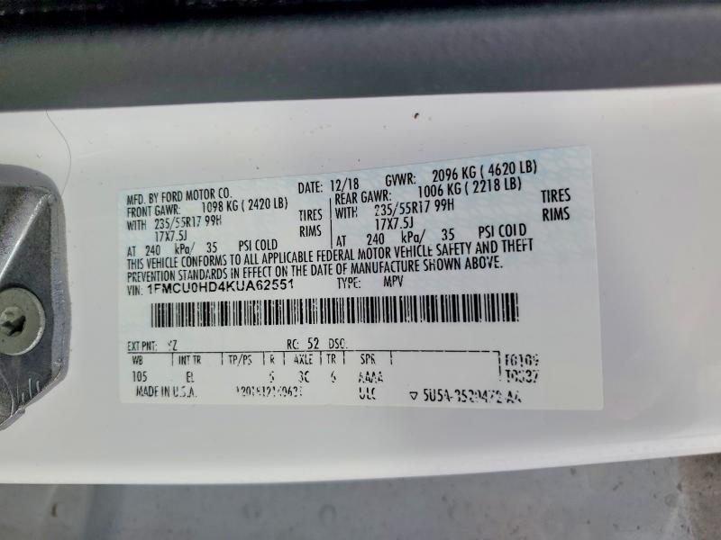 Продаж на аукціоні авто 2019 Ford Escape, vin: 1FMCU0HD4KUA62551, номер лоту: 77954545