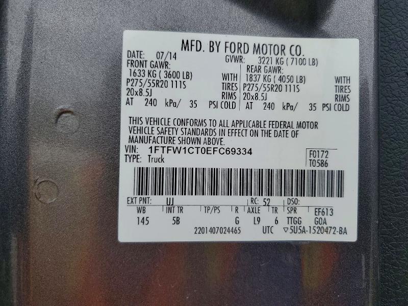 77710745 :رقم المزاد ، 1FTFW1CT0EFC69334 vin ، 2014 Ford F150 مزاد بيع