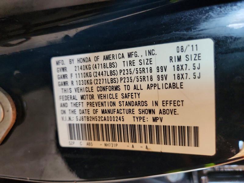 Auction sale of the 2012 Acura Rdx, vin: 5J8TB2H52CA000245, lot number: 78684165