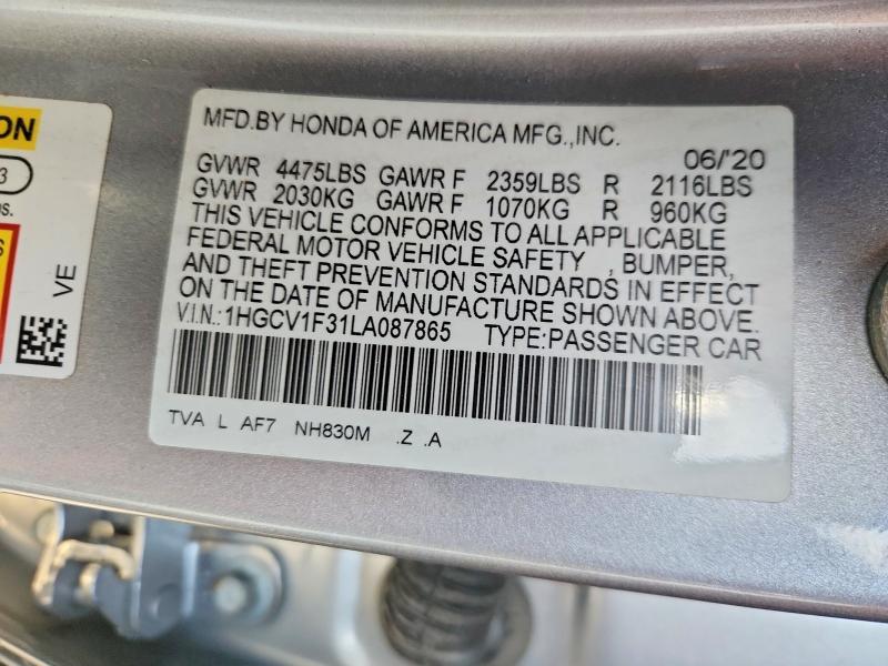 2020 Honda Accord მანქანა იყიდება აუქციონზე, vin: 1HGCV1F31LA087865, აუქციონის ნომერი: 77484635