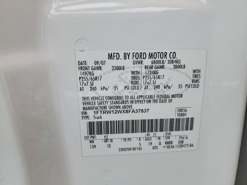 2008 Ford F150 მანქანა იყიდება აუქციონზე, vin: 1FTRW12WX8FA37837, აუქციონის ნომერი: 76705835