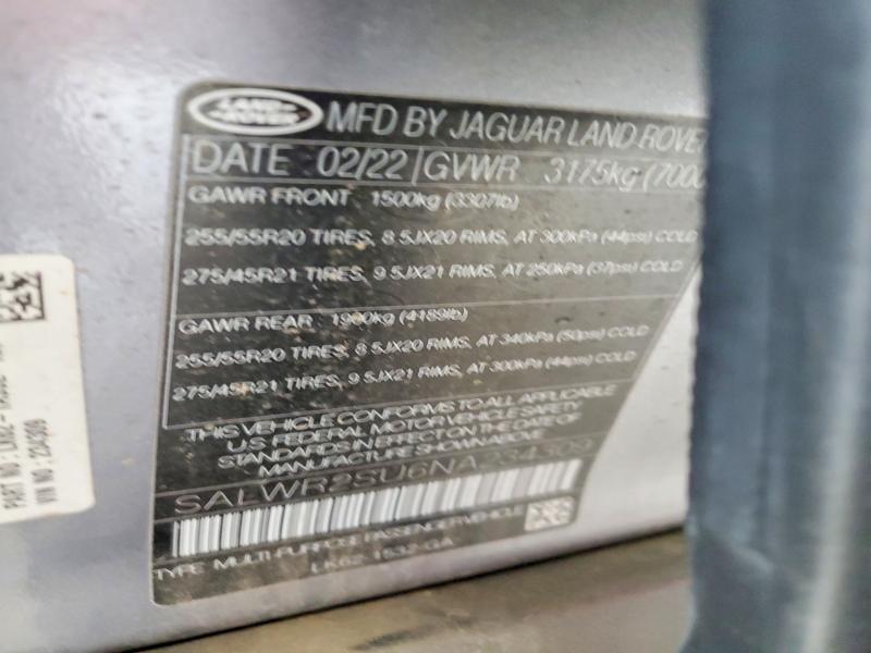 2022 Land Rover Range Rover Sport მანქანა იყიდება აუქციონზე, vin: SALWR2SU6NA234309, აუქციონის ნომერი: 78631715