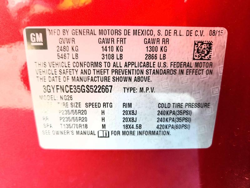 77952475 :رقم المزاد ، 3GYFNCE35GS522667 vin ، 2016 Cadillac Srx مزاد بيع