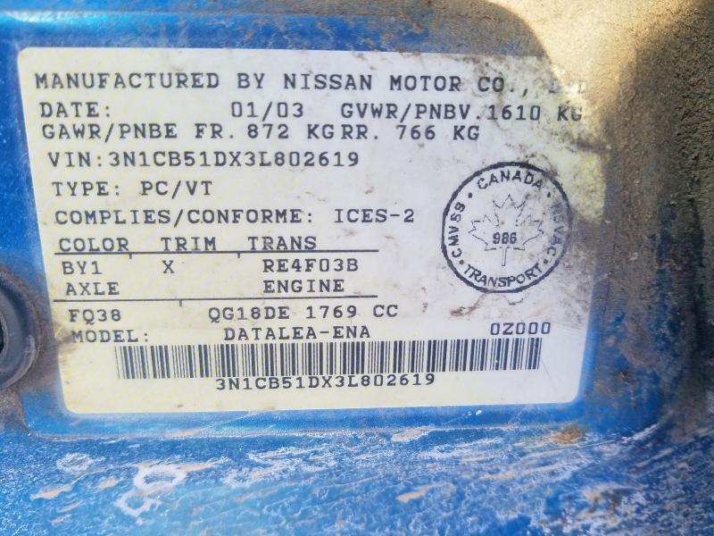 Продажа на аукционе авто 2003 Nissan Sentra, vin: 3N1CB51DX3L802619, номер лота: 76735635