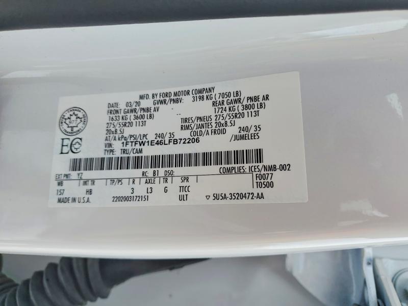Продаж на аукціоні авто 2020 Ford F150, vin: 1FTFW1E46LFB72206, номер лоту: 76726715