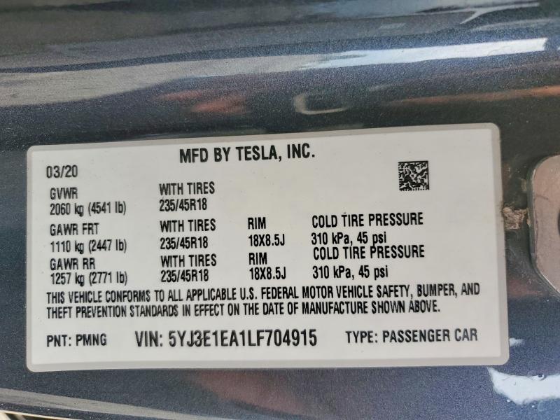 2020 Tesla Model 3 მანქანა იყიდება აუქციონზე, vin: 5YJ3E1EA1LF704915, აუქციონის ნომერი: 78319355