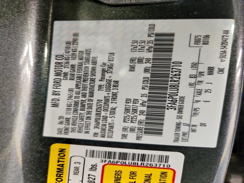 Продаж на аукціоні авто 2020 Ford Fusion, vin: 3FA6P0LU8LR263710, номер лоту: 78928805