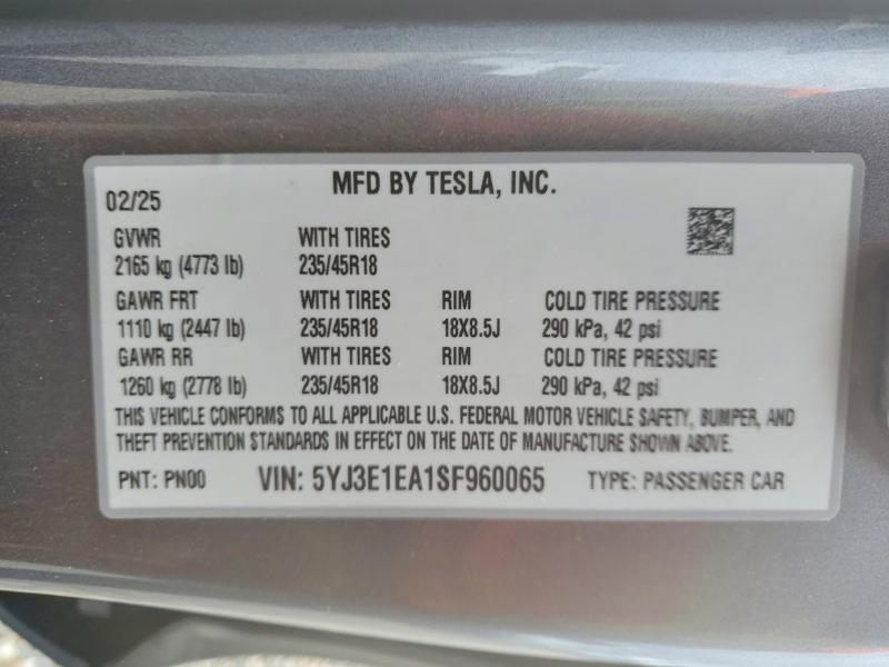 Aukcja sprzedaży 2025 Tesla Model 3, vin: 5YJ3E1EA1SF960065, numer aukcji: 77117635
