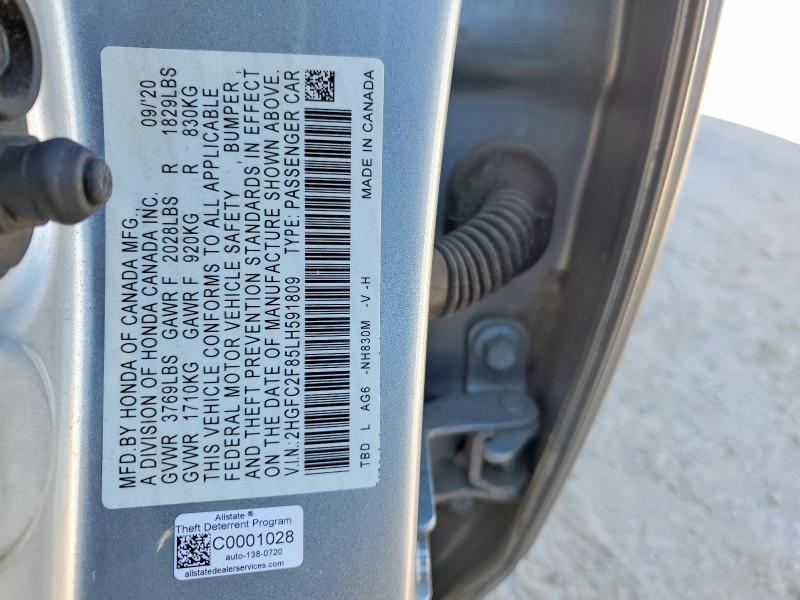 Aukcja sprzedaży 2020 Honda Civic, vin: 2HGFC2F85LH591809, numer aukcji: 77968835