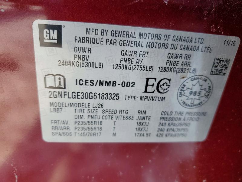 76264935 :رقم المزاد ، 2GNFLGE30G6183325 vin ، 2016 Chevrolet Equinox مزاد بيع