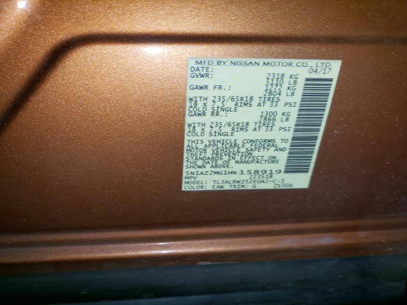 2017 Nissan Murano მანქანა იყიდება აუქციონზე, vin: 5N1AZ2MG1HN158919, აუქციონის ნომერი: 79391485