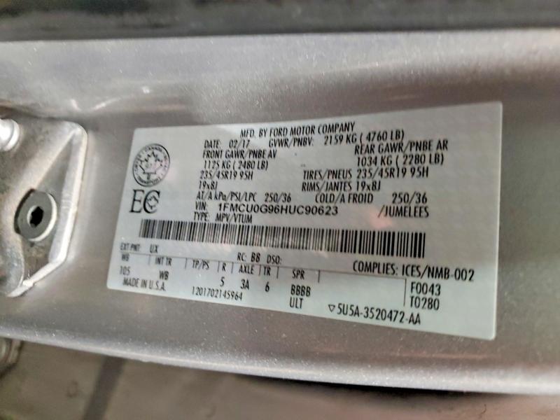 75730445 :رقم المزاد ، 1FMCU0G96HUC90623 vin ، 2017 Ford Escape مزاد بيع