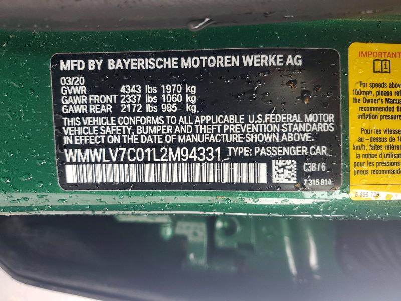 Auction sale of the 2020 Mini Cooper, vin: WMWLV7C01L2M94331, lot number: 78325215
