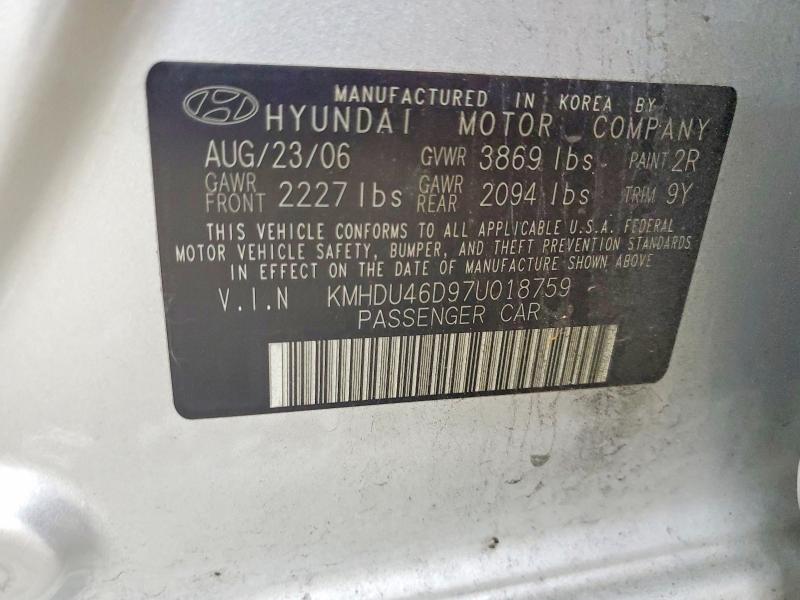 75558625 :رقم المزاد ، KMHDU46D97U018759 vin ، 2007 Hyundai Elantra مزاد بيع