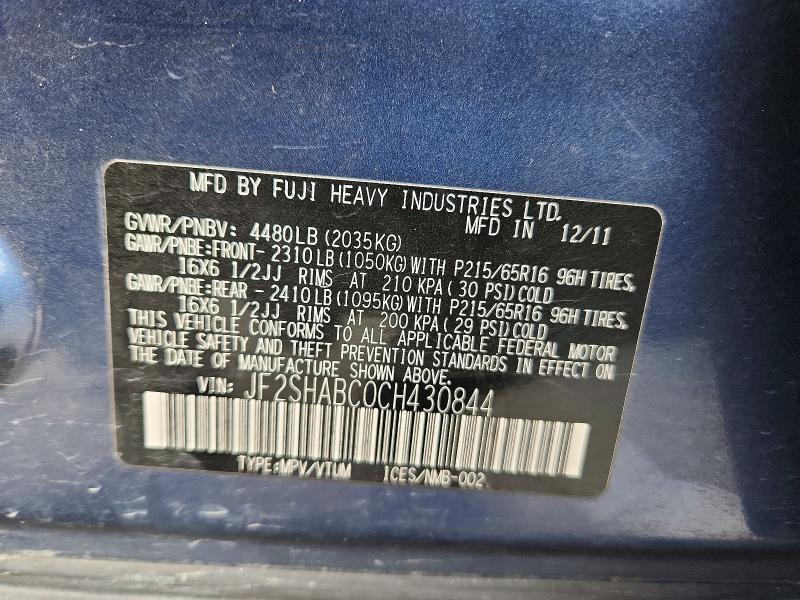 Aukcja sprzedaży 2012 Subaru Forester 2, vin: JF2SHABC0CH430844, numer aukcji: 77897095