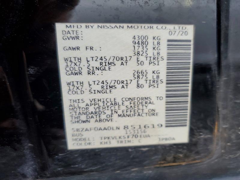 Auction sale of the 2020 Nissan Nv, vin: 5BZAF0AA0LN851619, lot number: 75304505