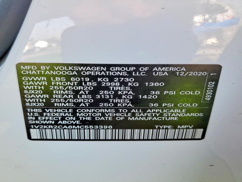 2021 Volkswagen Atlas მანქანა იყიდება აუქციონზე, vin: 1V2KR2CA6MC553396, აუქციონის ნომერი: 78496585