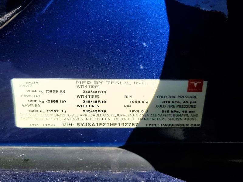 79080645 :رقم المزاد ، 5YJSA1E21HF192757 vin ، 2017 Tesla Model S مزاد بيع