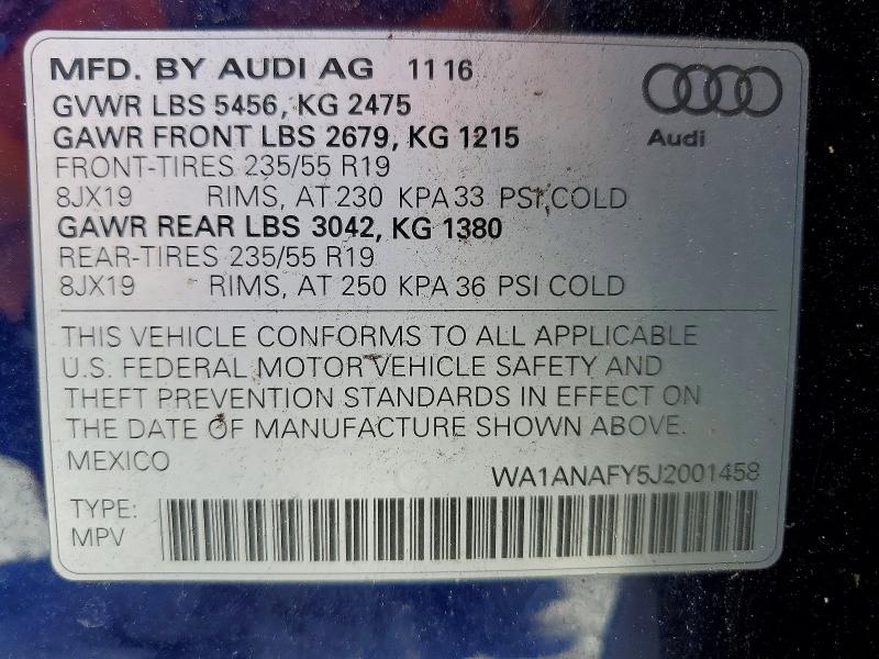 77323675 :رقم المزاد ، WA1ANAFY5J2001458 vin ، 2018 Audi Q5 مزاد بيع