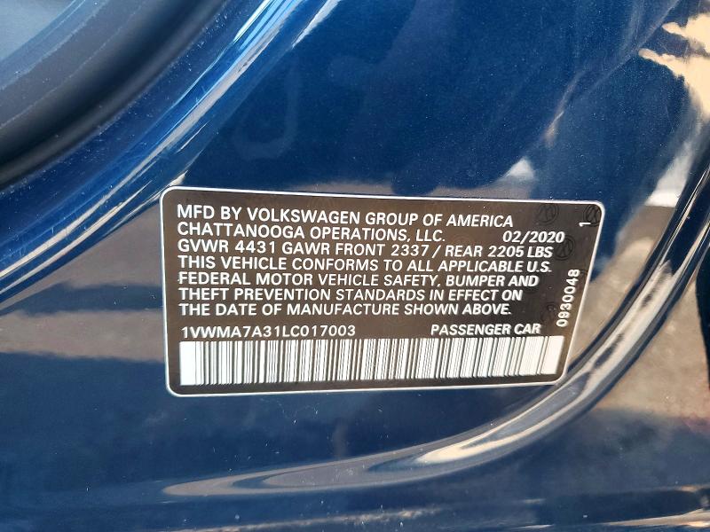 2020 Volkswagen Passat მანქანა იყიდება აუქციონზე, vin: 1VWMA7A31LC017003, აუქციონის ნომერი: 78335785