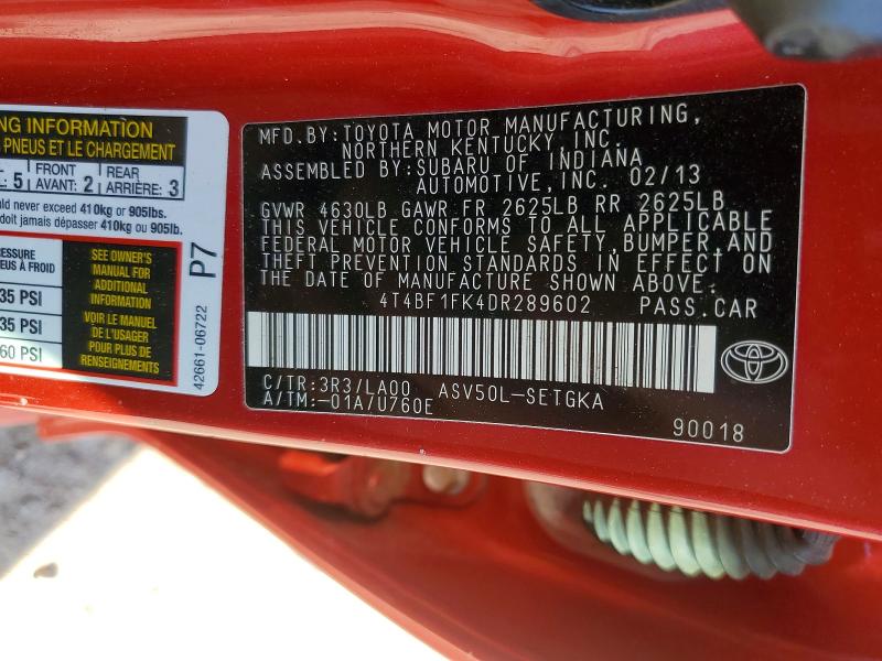 Продажа на аукционе авто 2013 Toyota Camry, vin: 4T4BF1FK4DR289602, номер лота: 78261985