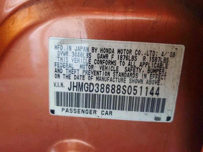2008 Honda Fit მანქანა იყიდება აუქციონზე, vin: JHMGD38688S051144, აუქციონის ნომერი: 79045945