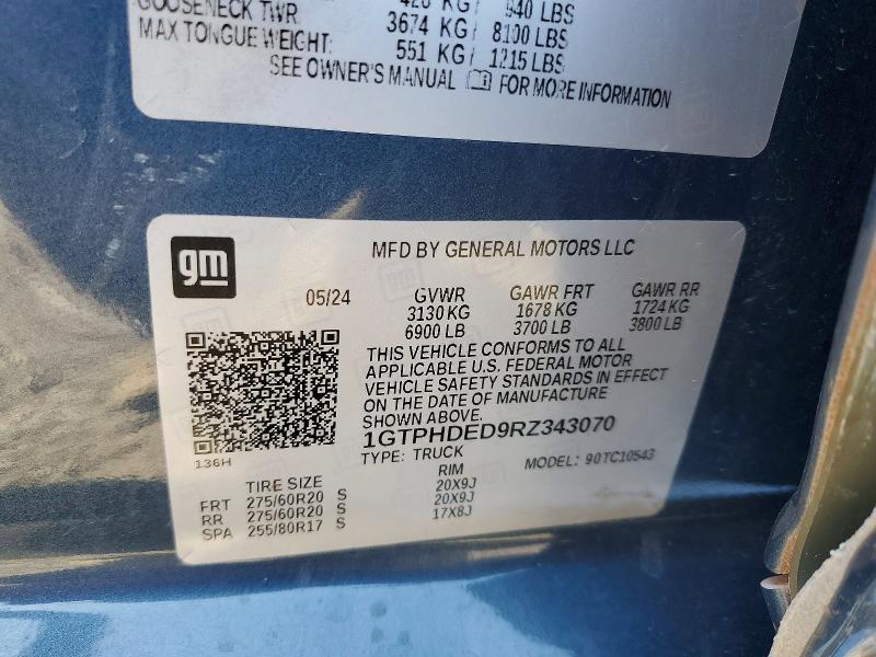 2024 Gmc Sierra მანქანა იყიდება აუქციონზე, vin: 1GTPHDED9RZ343070, აუქციონის ნომერი: 78835455