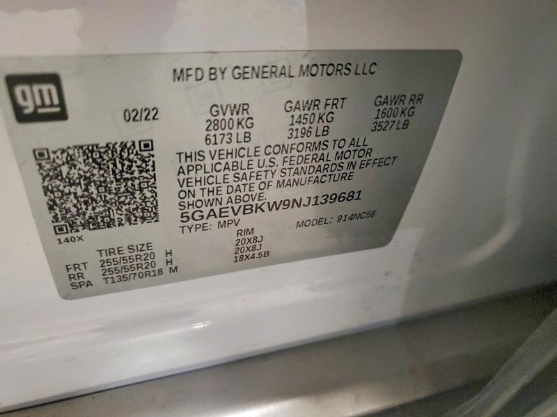2022 Buick Enclave მანქანა იყიდება აუქციონზე, vin: 5GAEVBKW9NJ139681, აუქციონის ნომერი: 77692915